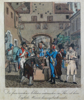 Soldats français inspectant des marchandises à Leipzig en 1806 à la recherche de contrebande