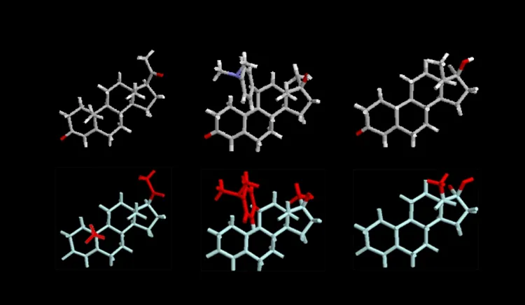 Structures tridimensionnelles de la progestérone, de la mifépristone (RU-486) et du lévonorgestrel