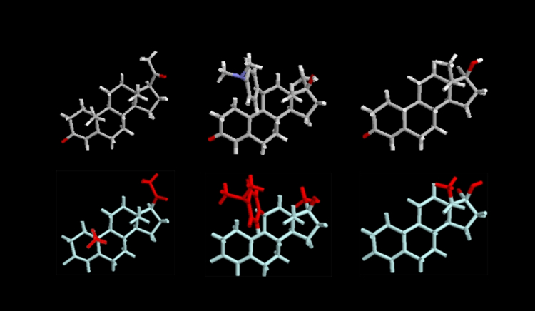 Structures tridimensionnelles de la progestérone, de la mifépristone (RU-486) et du lévonorgestrel
