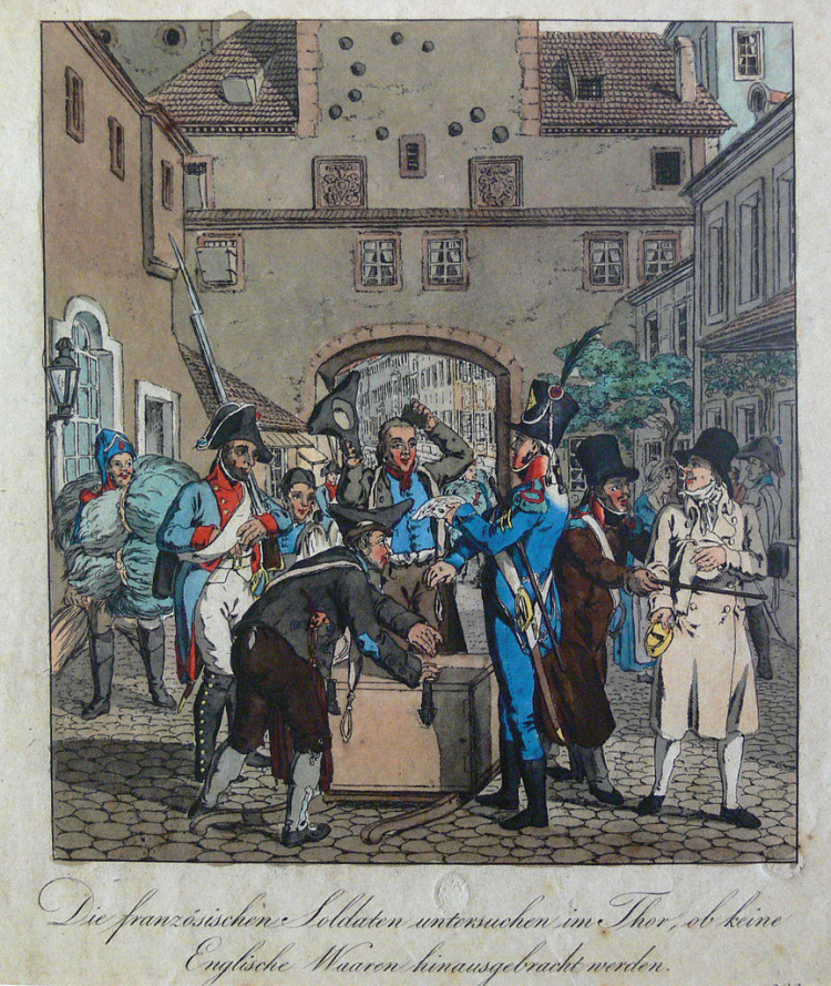 Soldats français inspectant des marchandises à Leipzig en 1806 à la recherche de contrebande